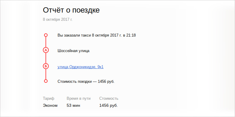 Отчет о поездке в приложении Яндекс.Такси